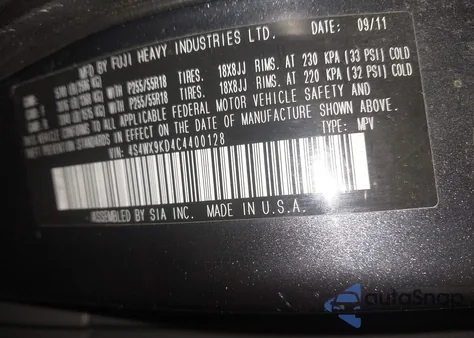 2012 Subaru Tribeca 3.6R Touring z USA, uszkodzony, nr VIN 4S4WX9KD4C4400128